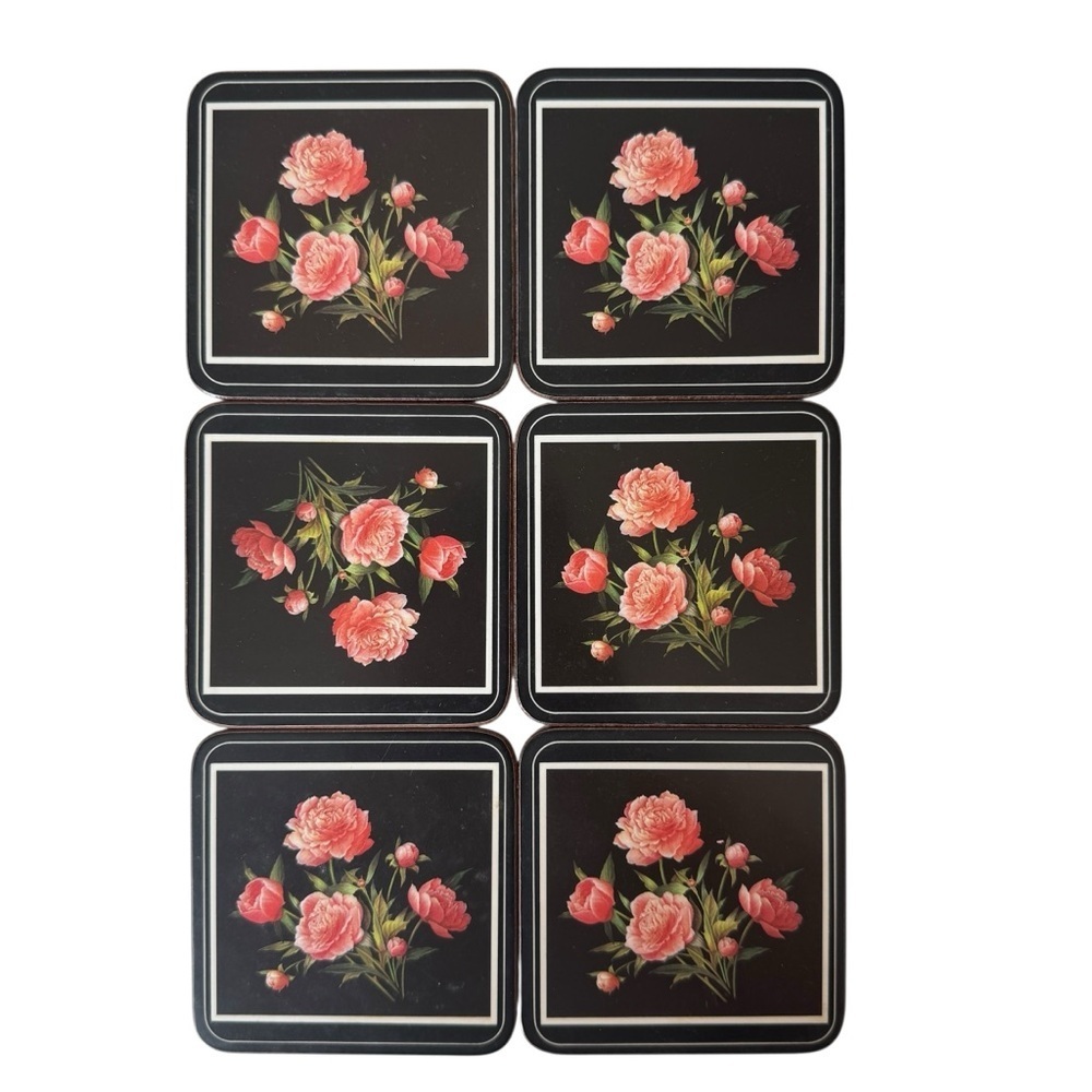 Vintage Pimpernel Six Acrylic Traditional Coaster Set Peony Spray Black Pink